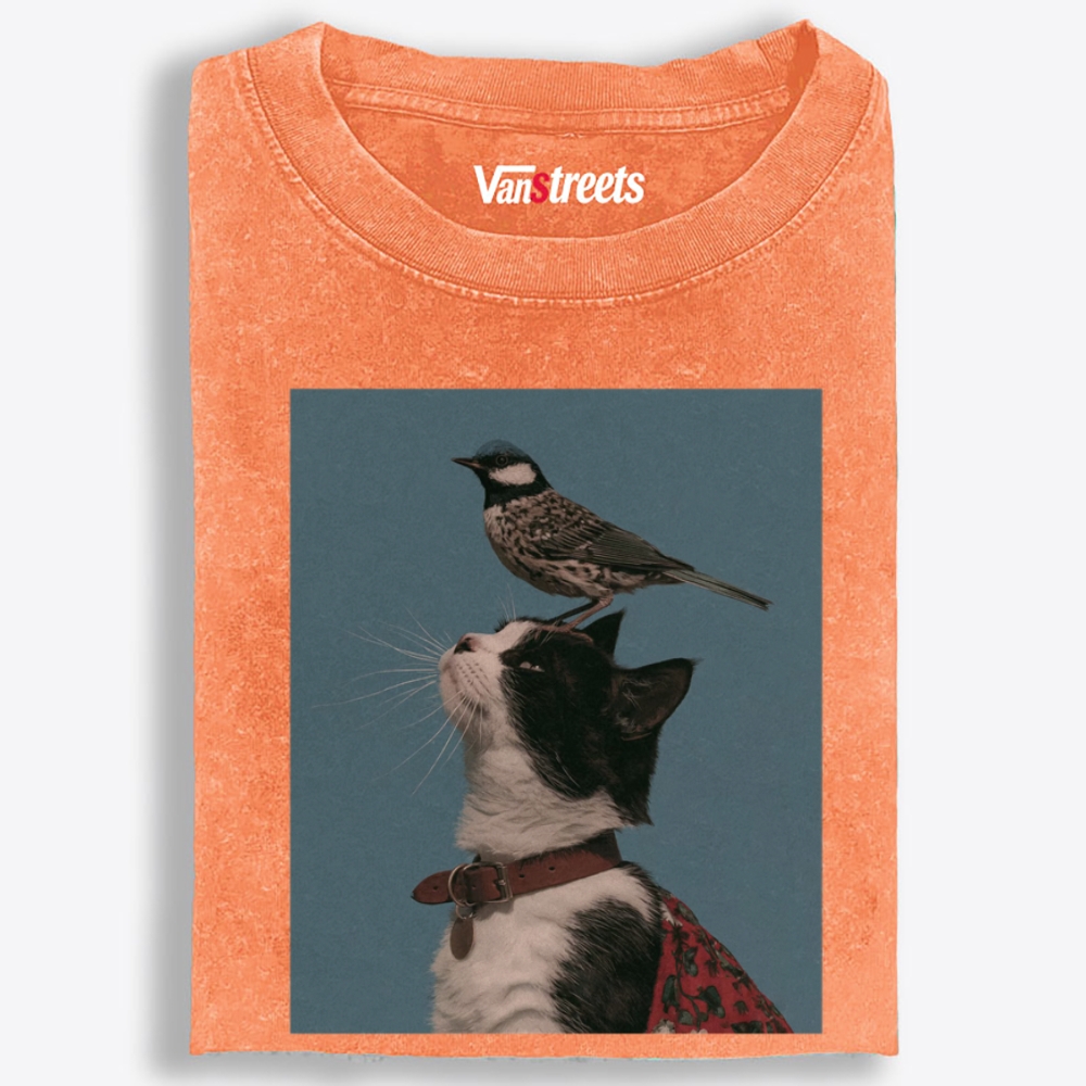 Bird Perched on My Head Cat Retro Washed T-Shirt | 100% Cotton | Streetwear Essential