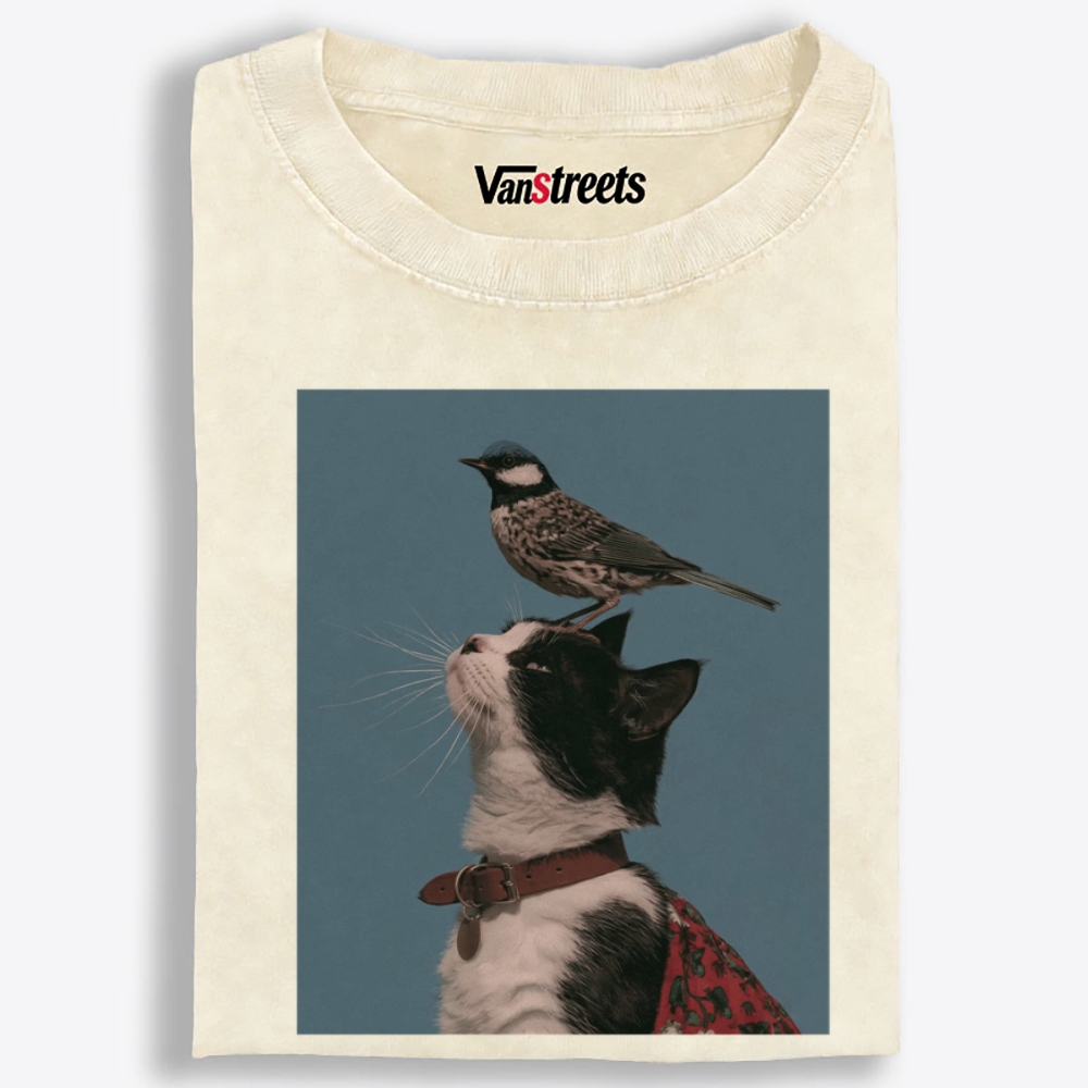 Bird Perched on My Head Cat Retro Washed T-Shirt | 100% Cotton | Streetwear Essential