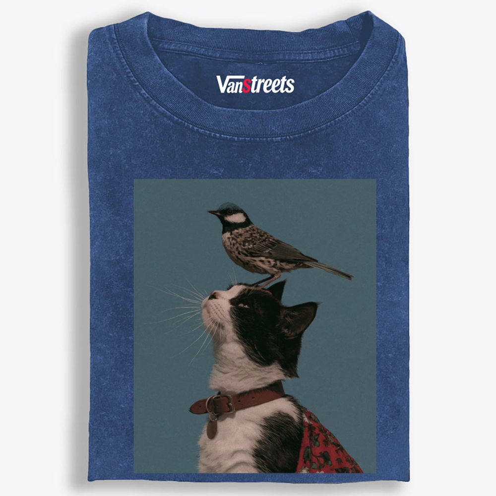 Bird Perched on My Head Cat Retro Washed T-Shirt | 100% Cotton | Streetwear Essential