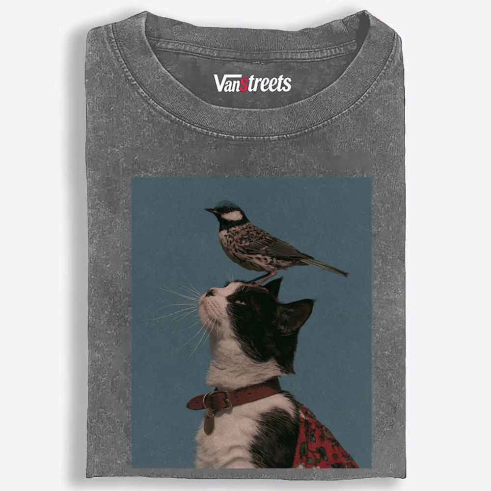 Bird Perched on My Head Cat Retro Washed T-Shirt | 100% Cotton | Streetwear Essential