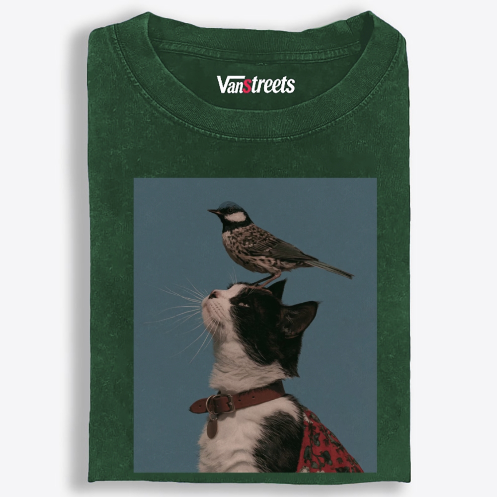Bird Perched on My Head Cat Retro Washed T-Shirt | 100% Cotton | Streetwear Essential