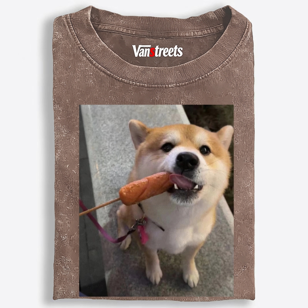 Sausage All Mine Shiba Retro Washed T-Shirt | 100% Cotton | Streetwear Essential