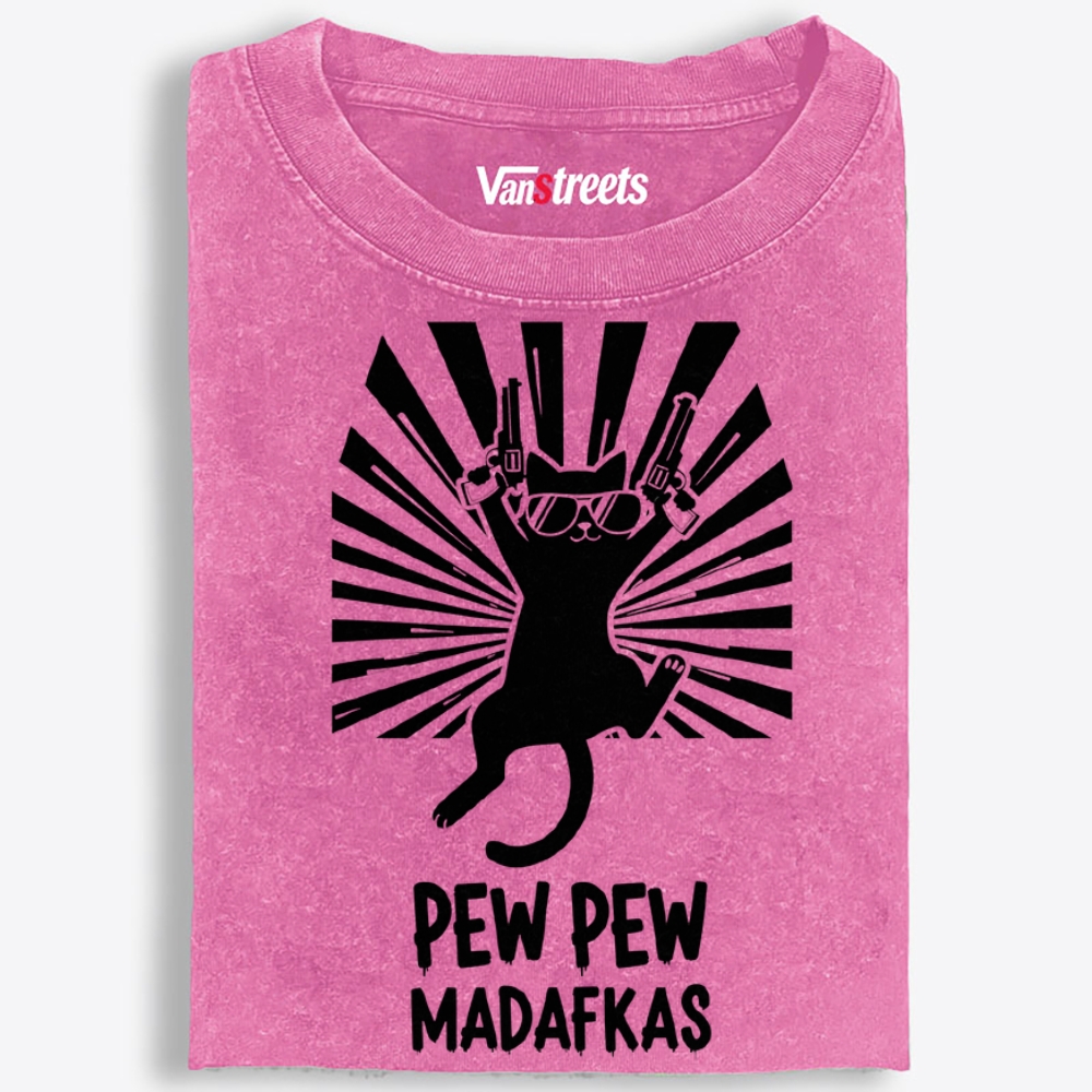 Pew Pew Madafakas Cat Retro Washed T-Shirt | 100% Cotton | Streetwear Essential