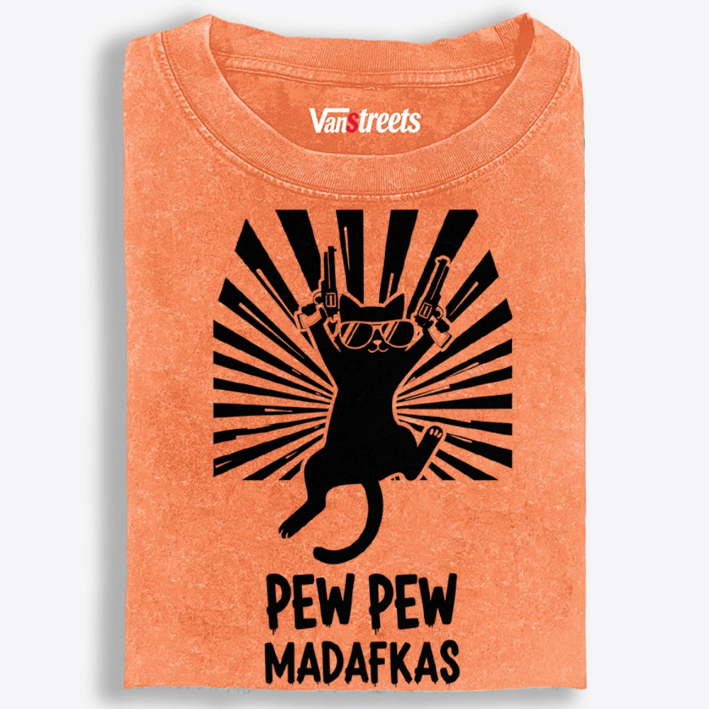 Pew Pew Madafakas Cat Retro Washed T-Shirt | 100% Cotton | Streetwear Essential