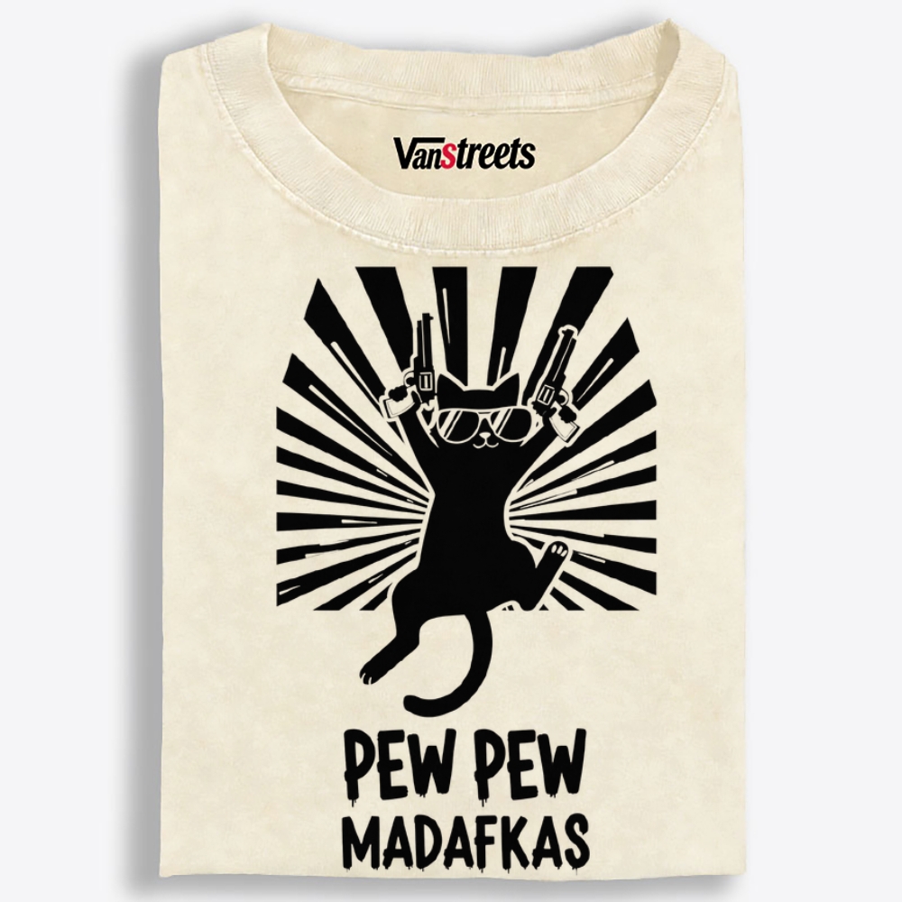 Pew Pew Madafakas Cat Retro Washed T-Shirt | 100% Cotton | Streetwear Essential