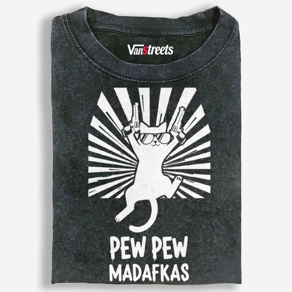 Pew Pew Madafakas Cat Retro Washed T-Shirt | 100% Cotton | Streetwear Essential