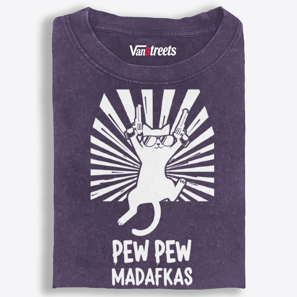 Pew Pew Madafakas Cat Retro Washed T-Shirt | 100% Cotton | Streetwear Essential