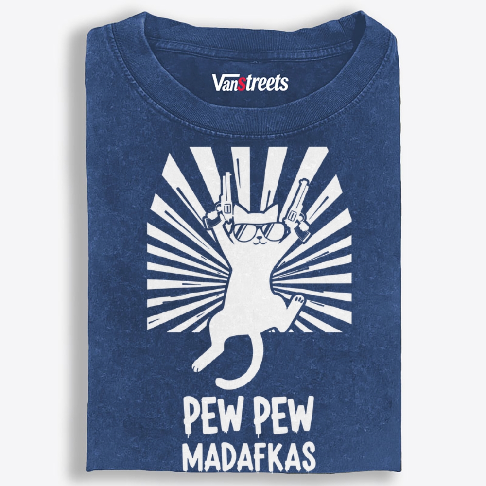 Pew Pew Madafakas Cat Retro Washed T-Shirt | 100% Cotton | Streetwear Essential