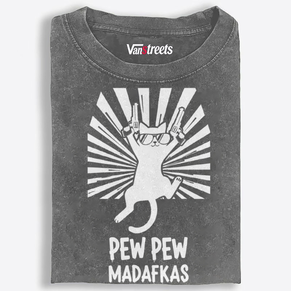 Pew Pew Madafakas Cat Retro Washed T-Shirt | 100% Cotton | Streetwear Essential