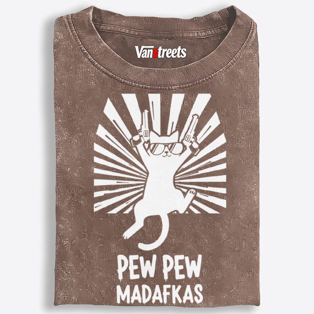 Pew Pew Madafakas Cat Retro Washed T-Shirt | 100% Cotton | Streetwear Essential