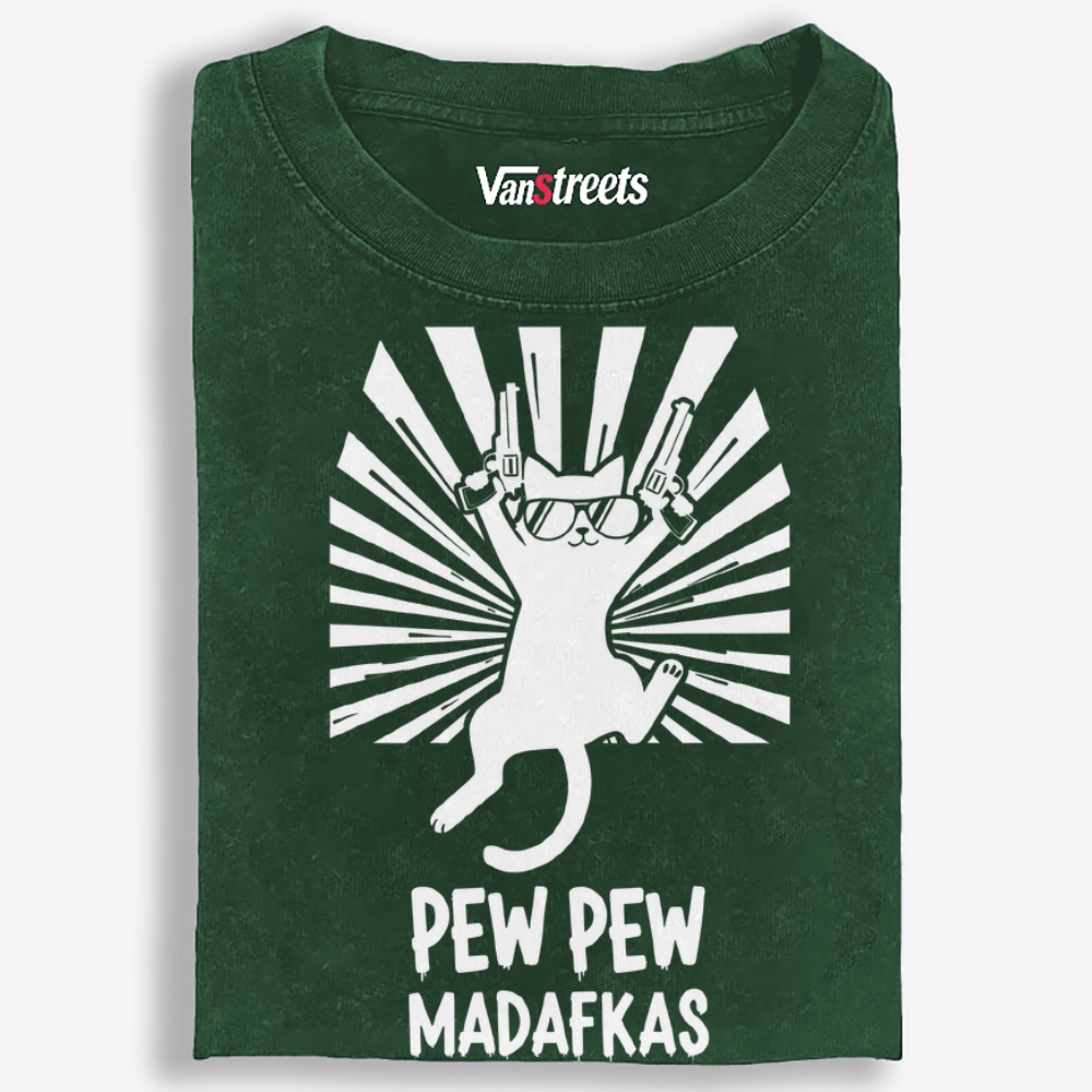 Pew Pew Madafakas Cat Retro Washed T-Shirt | 100% Cotton | Streetwear Essential
