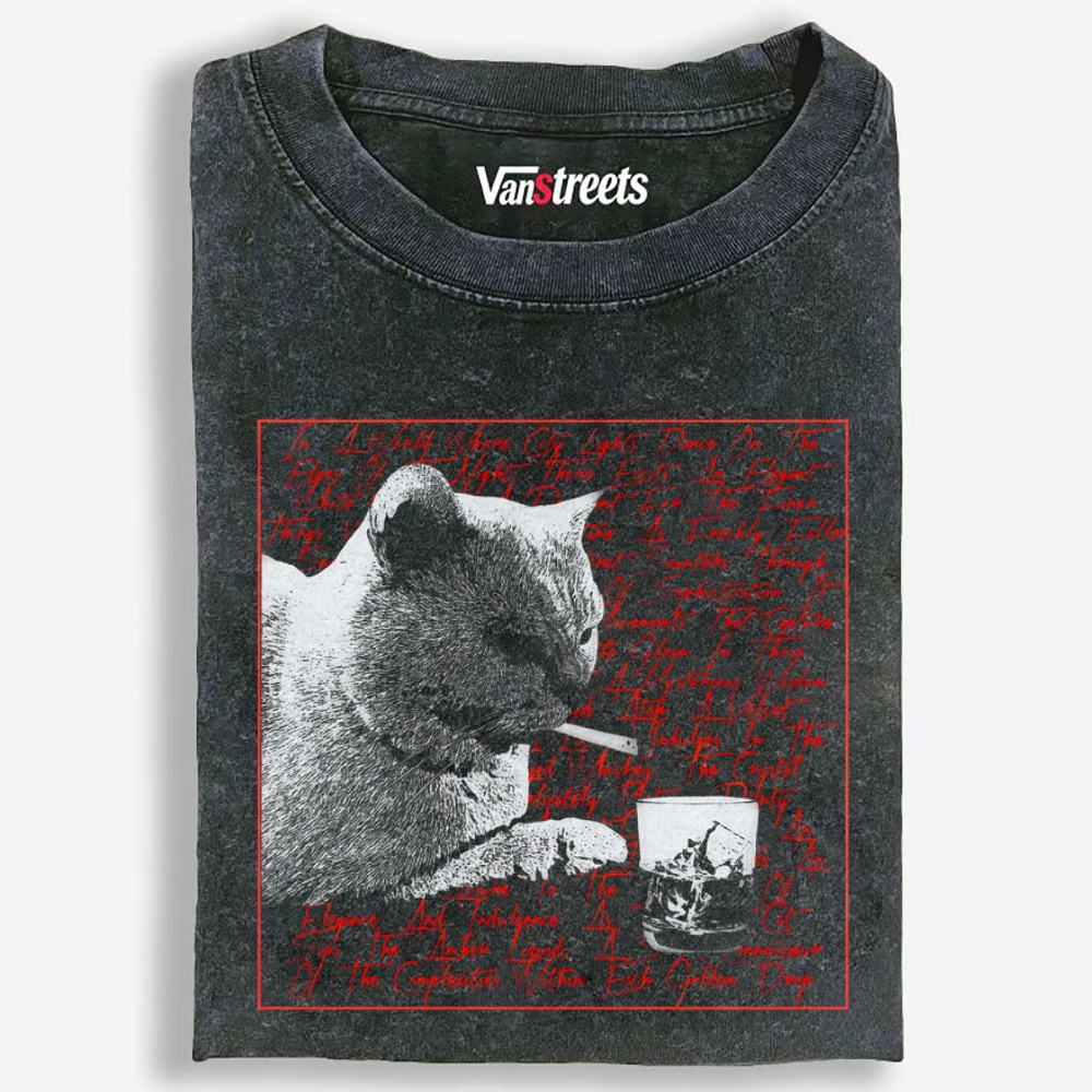 Whiskey & Cat Retro Washed T-Shirt | 100% Cotton | Streetwear Essential