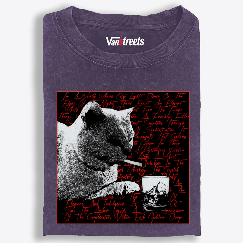 Whiskey & Cat Retro Washed T-Shirt | 100% Cotton | Streetwear Essential