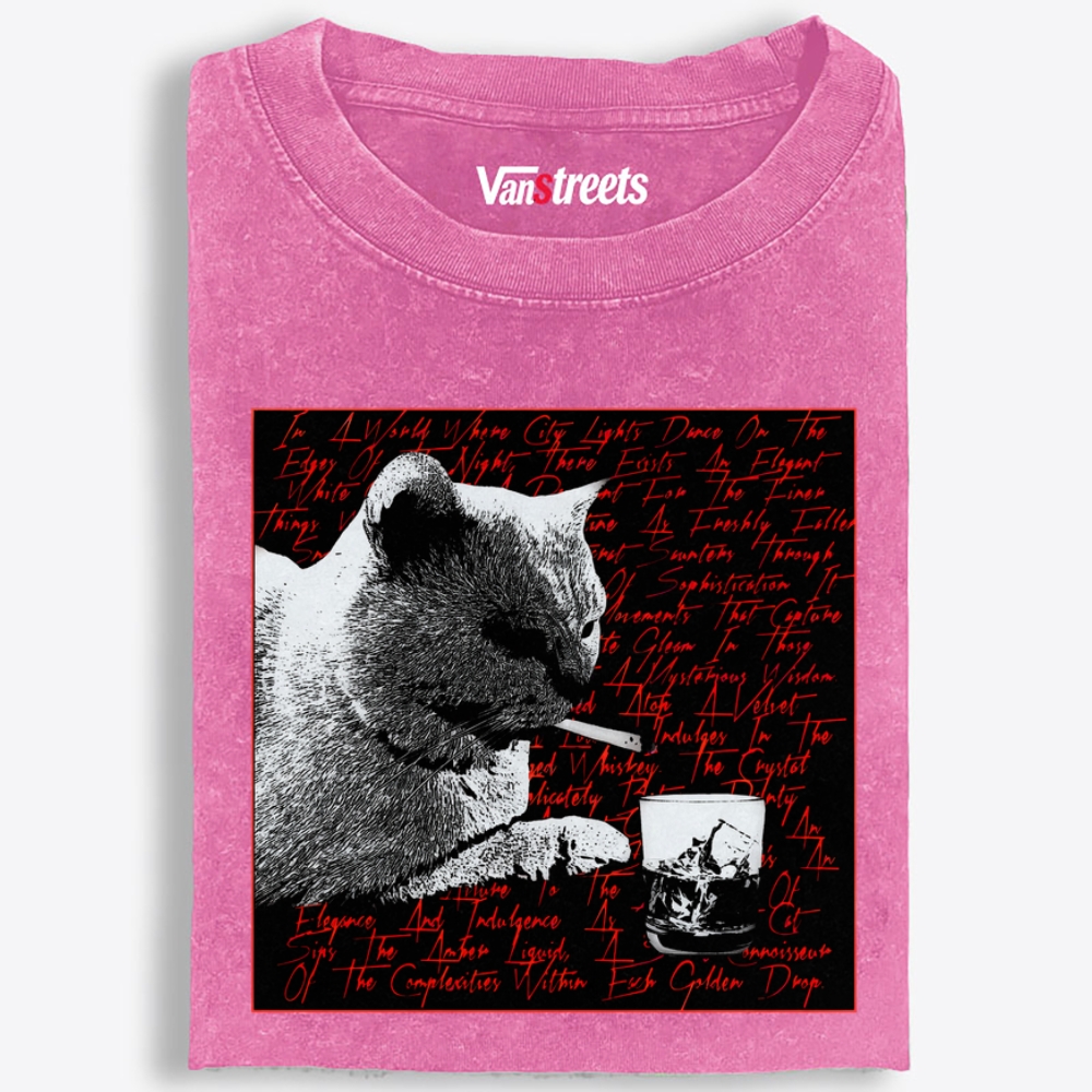 Whiskey & Cat Retro Washed T-Shirt | 100% Cotton | Streetwear Essential