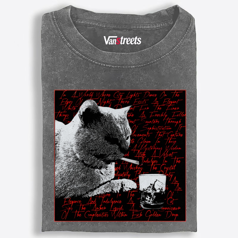 Whiskey & Cat Retro Washed T-Shirt | 100% Cotton | Streetwear Essential