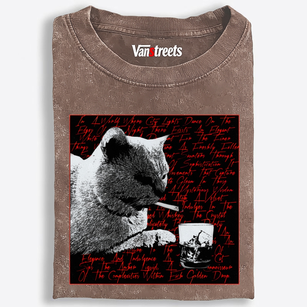 Whiskey & Cat Retro Washed T-Shirt | 100% Cotton | Streetwear Essential