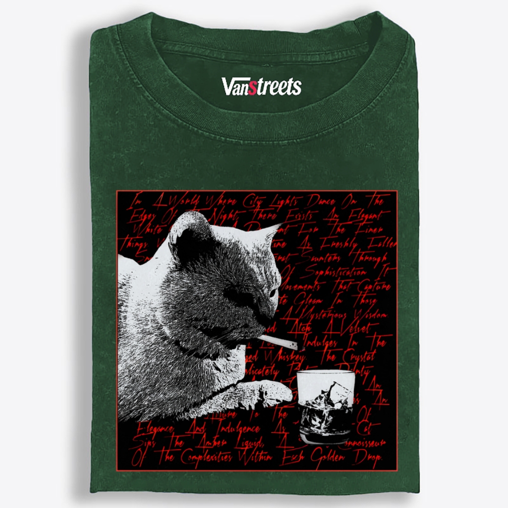 Whiskey & Cat Retro Washed T-Shirt | 100% Cotton | Streetwear Essential