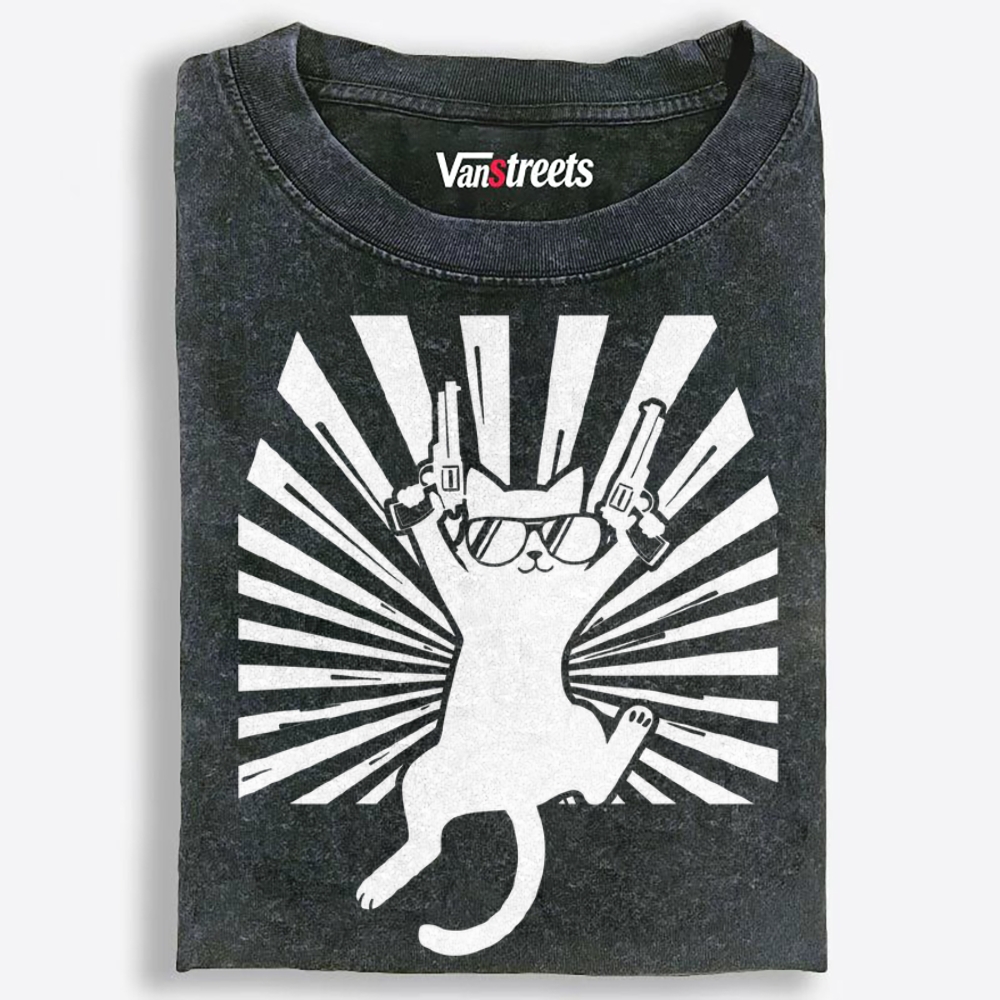 Pew Pew Black Cat Retro Washed T-Shirt | 100% Cotton | Streetwear Essential