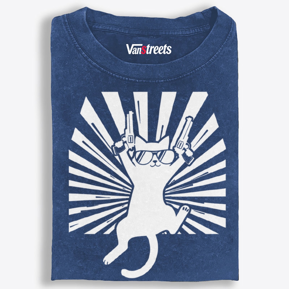 Pew Pew Black Cat Retro Washed T-Shirt | 100% Cotton | Streetwear Essential