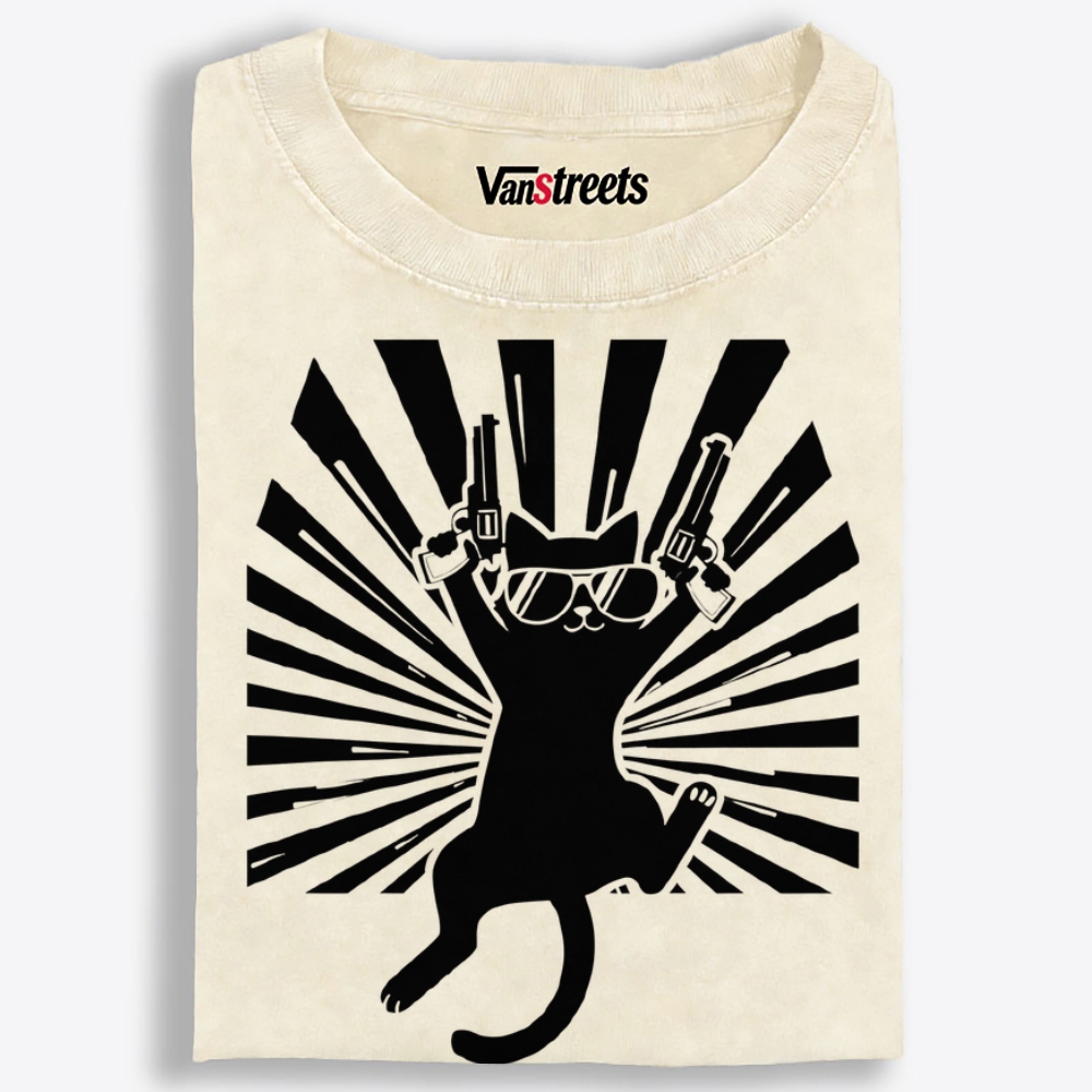 Pew Pew Black Cat Retro Washed T-Shirt | 100% Cotton | Streetwear Essential