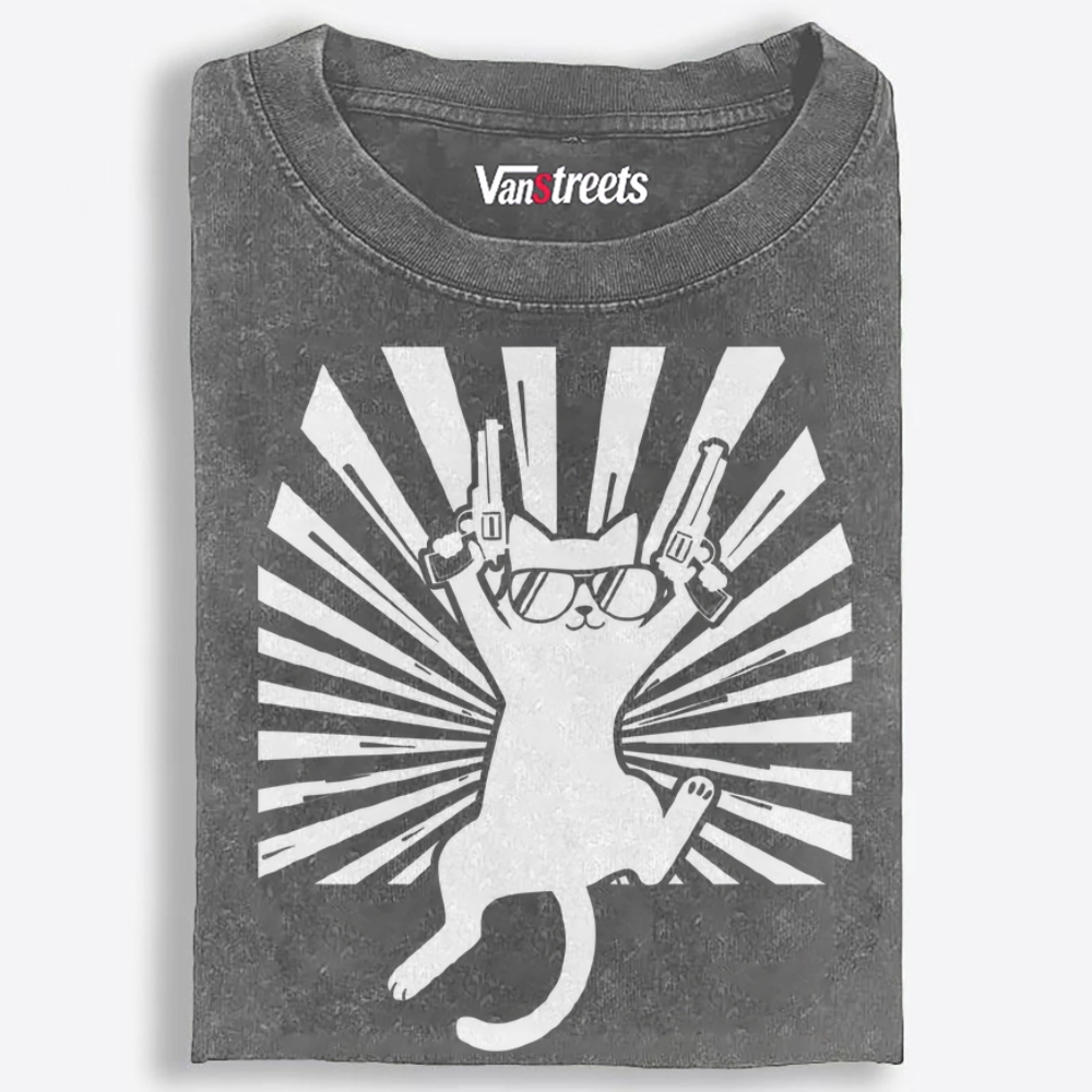 Pew Pew Black Cat Retro Washed T-Shirt | 100% Cotton | Streetwear Essential