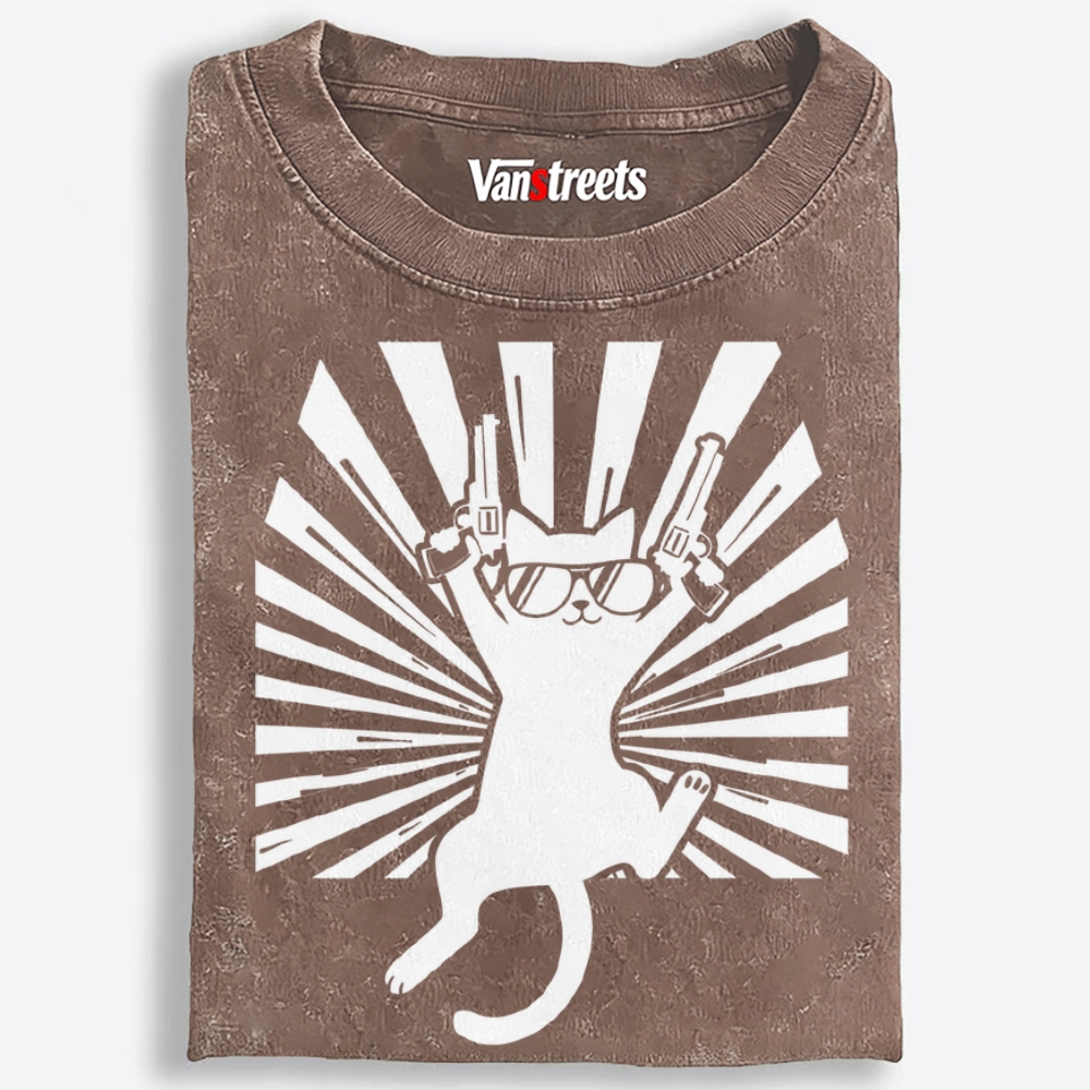 Pew Pew Black Cat Retro Washed T-Shirt | 100% Cotton | Streetwear Essential