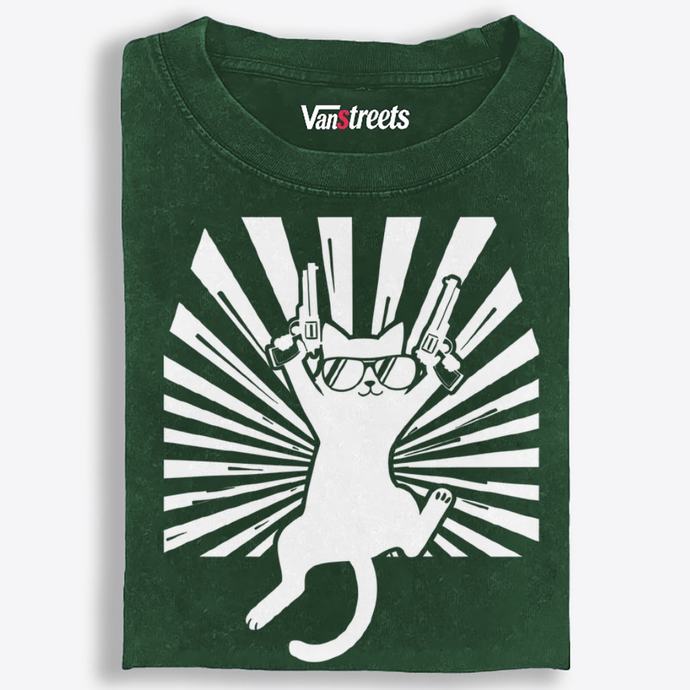 Pew Pew Black Cat Retro Washed T-Shirt | 100% Cotton | Streetwear Essential