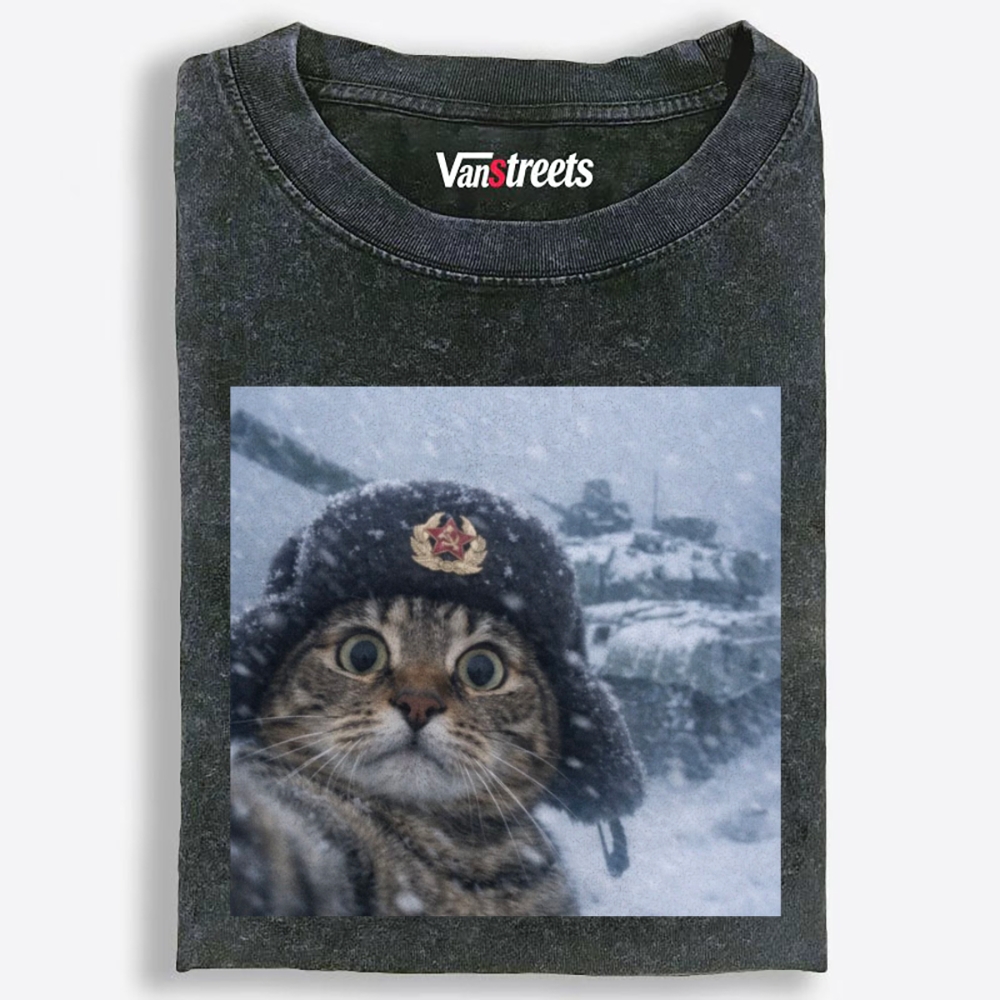 Soviet Cat Soldier Retro Washed T-Shirt | 100% Cotton | Streetwear Essential