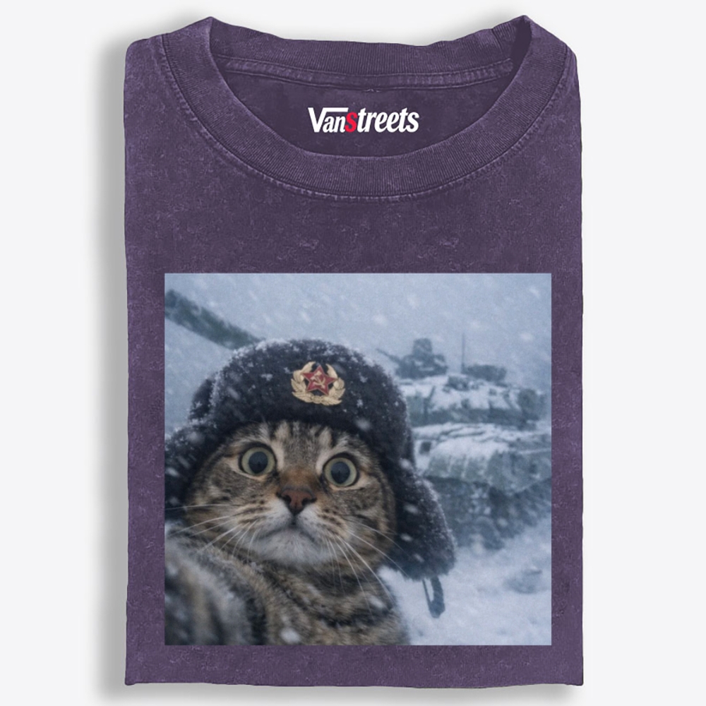 Soviet Cat Soldier Retro Washed T-Shirt | 100% Cotton | Streetwear Essential