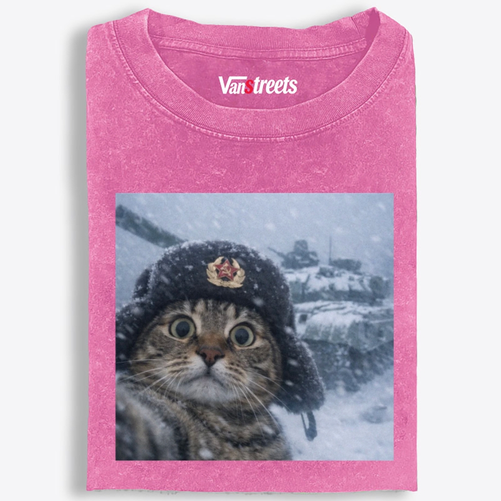 Soviet Cat Soldier Retro Washed T-Shirt | 100% Cotton | Streetwear Essential