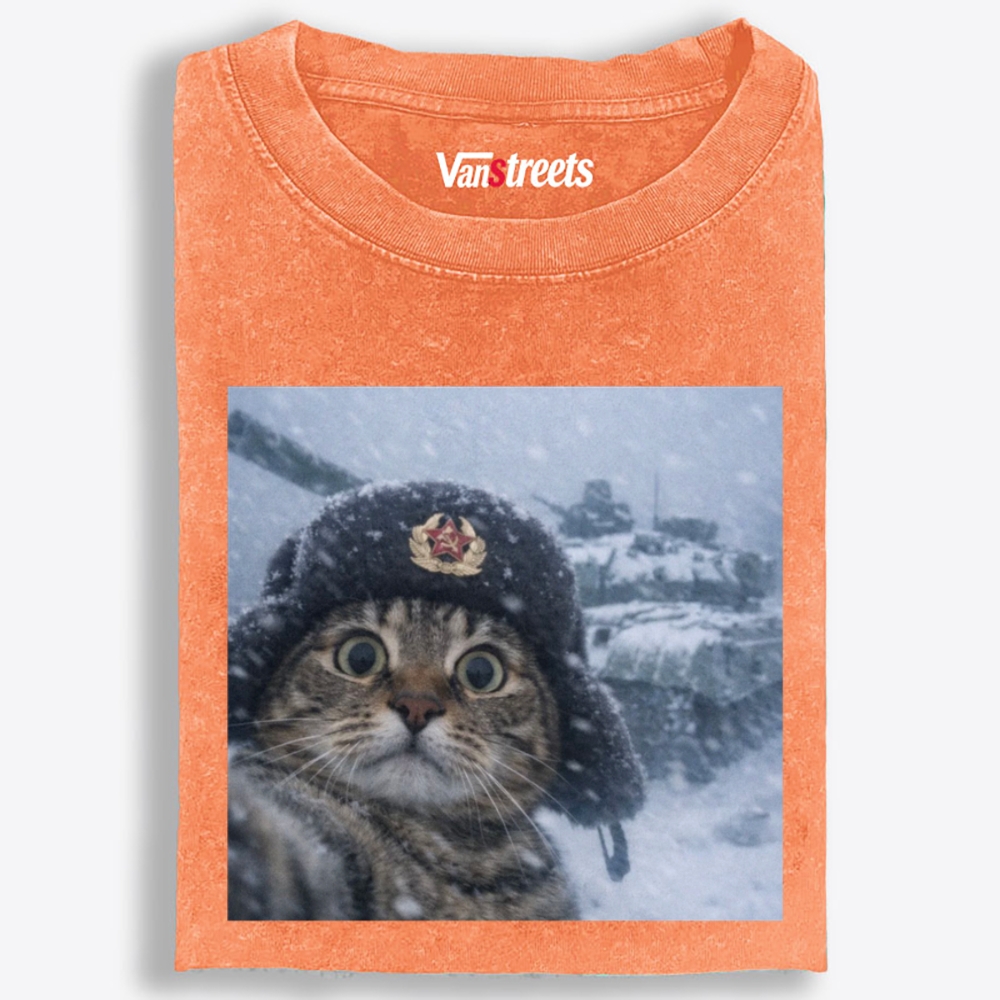 Soviet Cat Soldier Retro Washed T-Shirt | 100% Cotton | Streetwear Essential