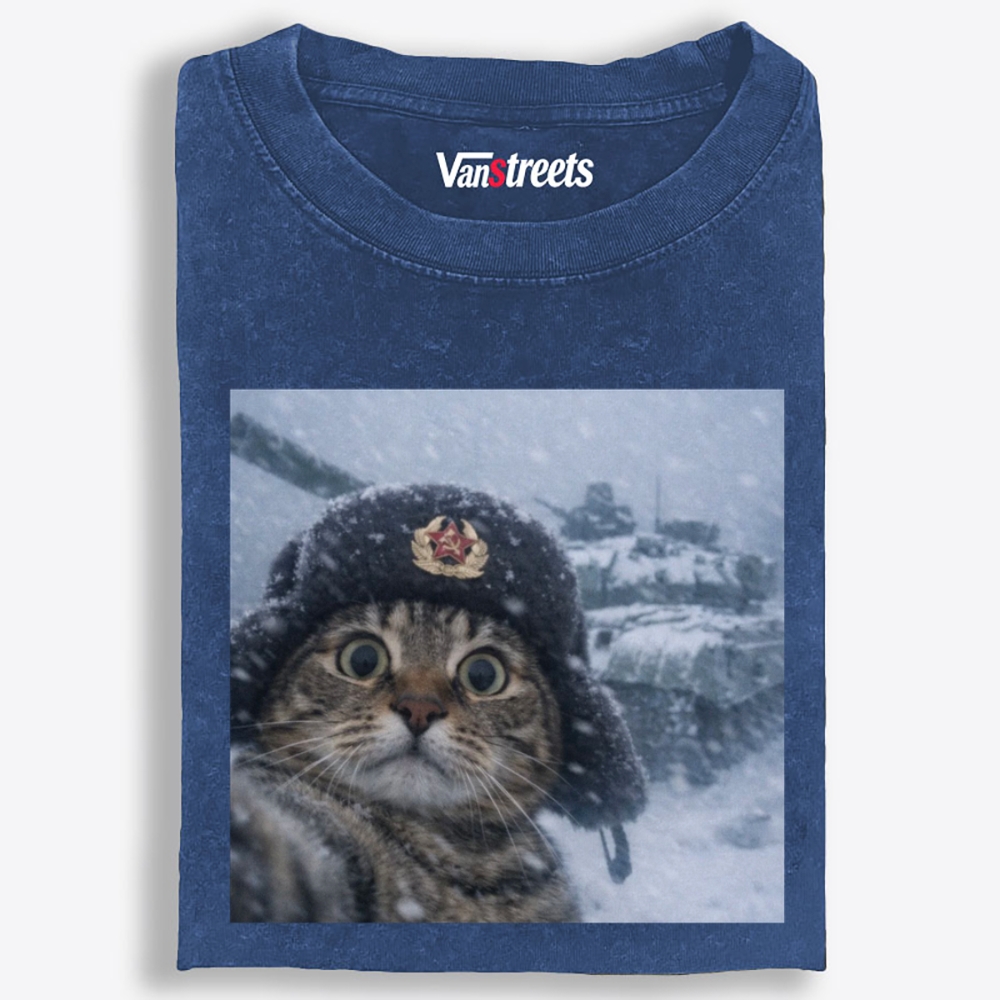 Soviet Cat Soldier Retro Washed T-Shirt | 100% Cotton | Streetwear Essential