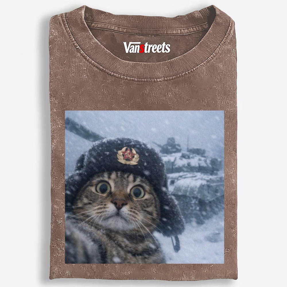Soviet Cat Soldier Retro Washed T-Shirt | 100% Cotton | Streetwear Essential