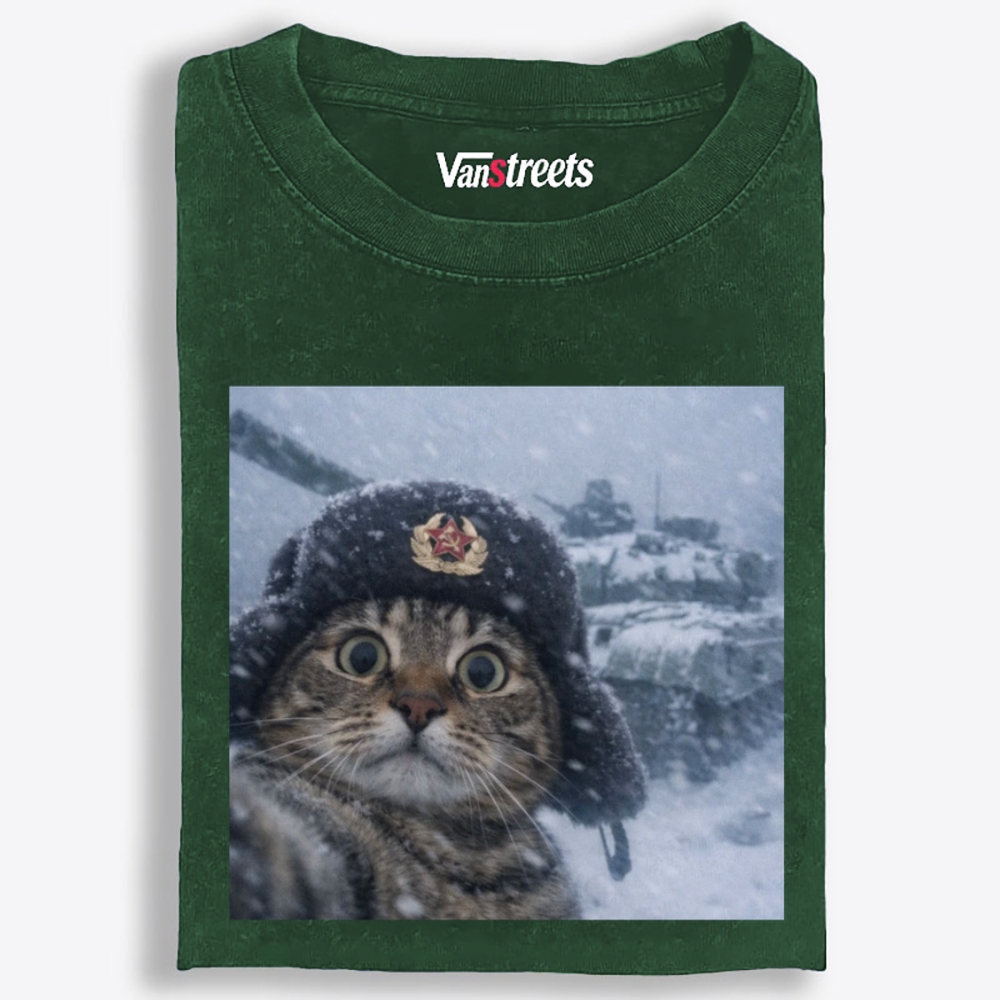 Soviet Cat Soldier Retro Washed T-Shirt | 100% Cotton | Streetwear Essential