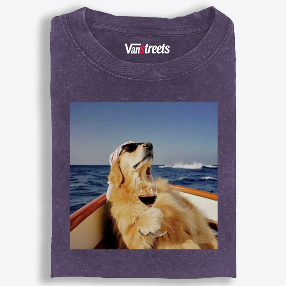 Golden Retriever On Yacht With Wine Meme Retro Washed T-Shirt | 100% Cotton | Streetwear Essential