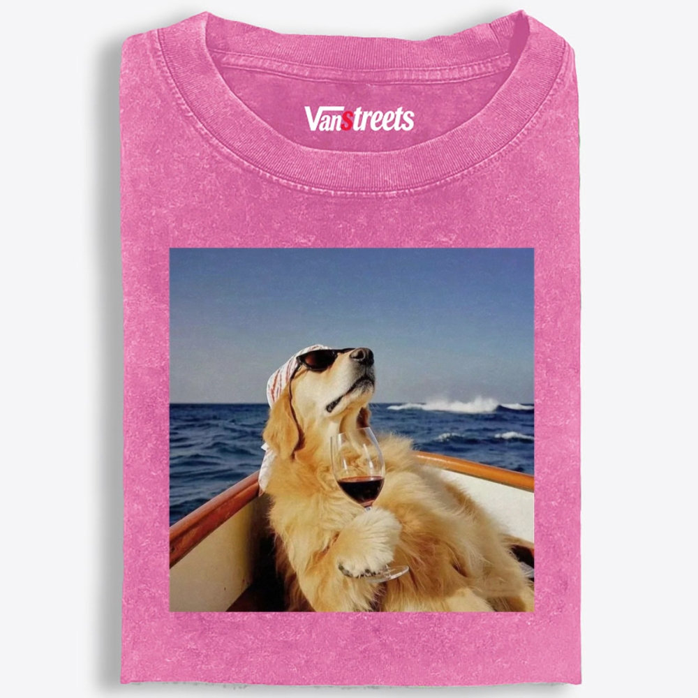 Golden Retriever On Yacht With Wine Meme Retro Washed T-Shirt | 100% Cotton | Streetwear Essential