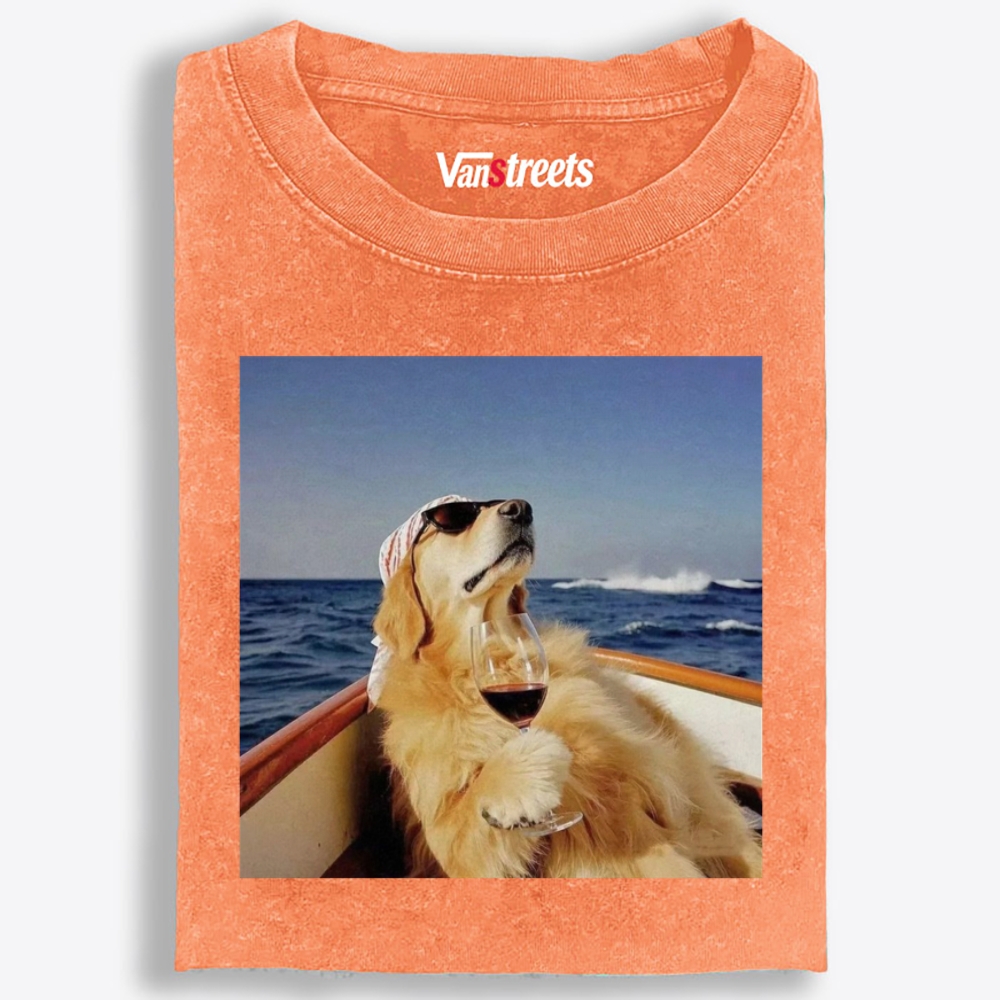 Golden Retriever On Yacht With Wine Meme Retro Washed T-Shirt | 100% Cotton | Streetwear Essential