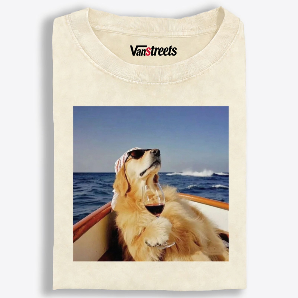 Golden Retriever On Yacht With Wine Meme Retro Washed T-Shirt | 100% Cotton | Streetwear Essential