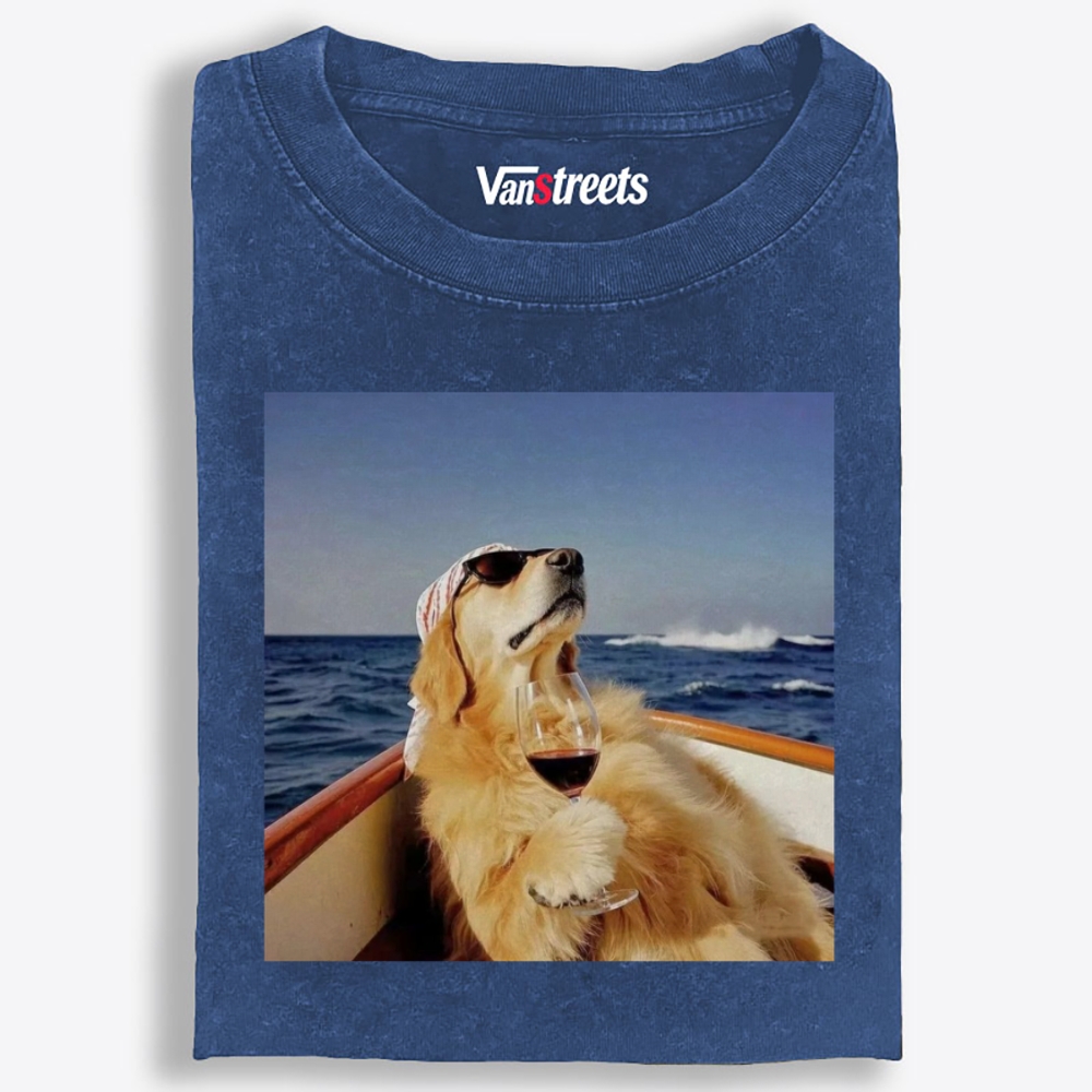 Golden Retriever On Yacht With Wine Meme Retro Washed T-Shirt | 100% Cotton | Streetwear Essential