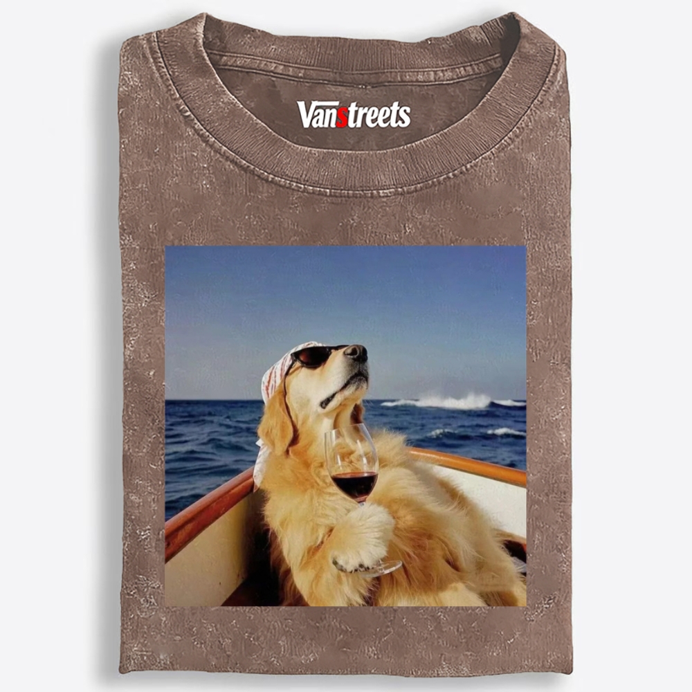 Golden Retriever On Yacht With Wine Meme Retro Washed T-Shirt | 100% Cotton | Streetwear Essential