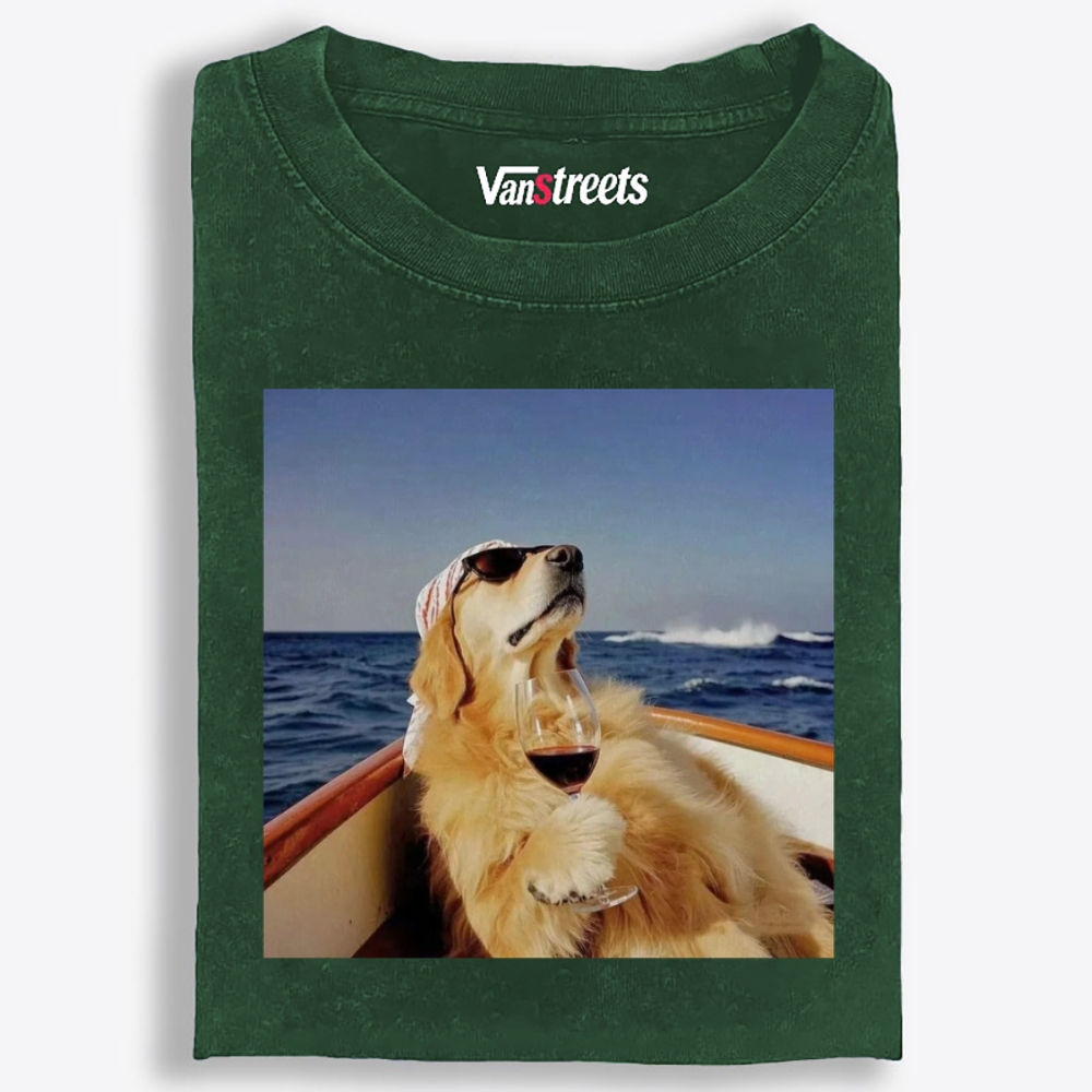 Golden Retriever On Yacht With Wine Meme Retro Washed T-Shirt | 100% Cotton | Streetwear Essential