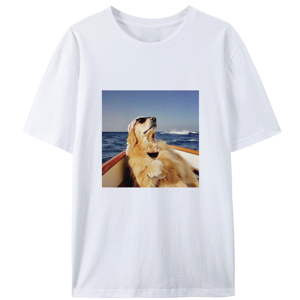Golden Retriever On Yacht With Wine Meme Retro Designed for Women - Slim Fit Cotton Tee
