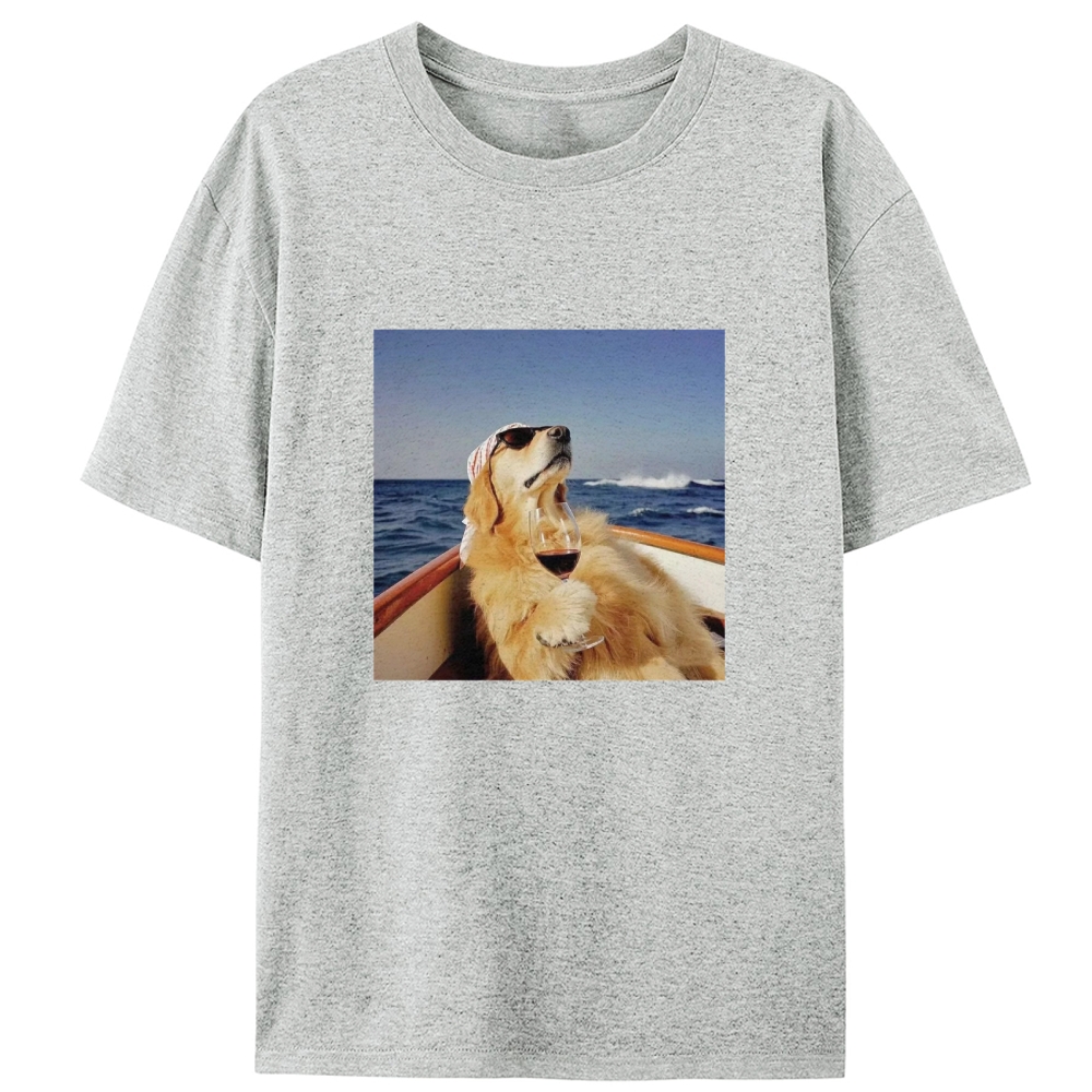 Golden Retriever On Yacht With Wine Meme Retro Designed for Women - Slim Fit Cotton Tee