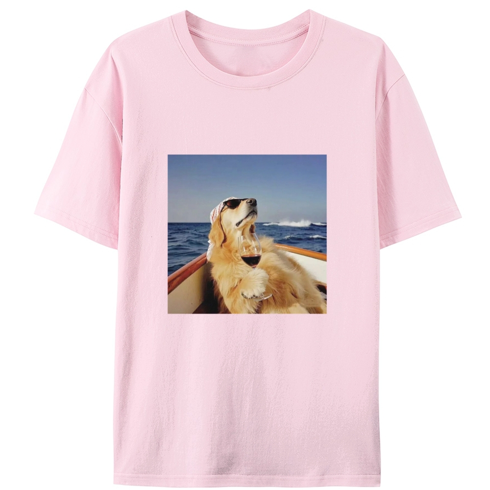 Golden Retriever On Yacht With Wine Meme Retro Designed for Women - Slim Fit Cotton Tee