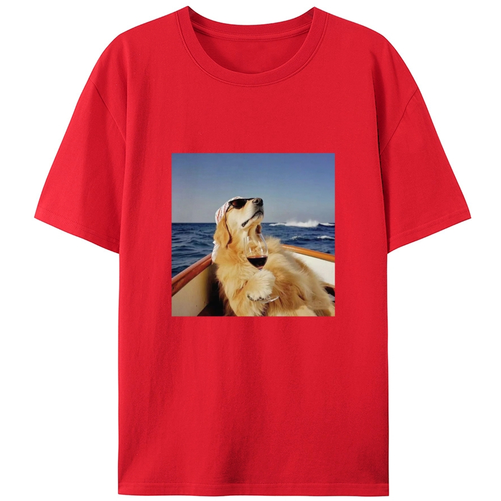 Golden Retriever On Yacht With Wine Meme Retro Designed for Women - Slim Fit Cotton Tee