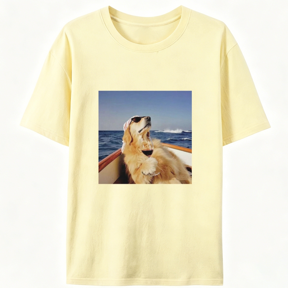 Golden Retriever On Yacht With Wine Meme Retro Designed for Women - Slim Fit Cotton Tee
