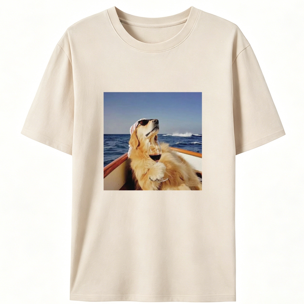 Golden Retriever On Yacht With Wine Meme Retro Designed for Women - Slim Fit Cotton Tee