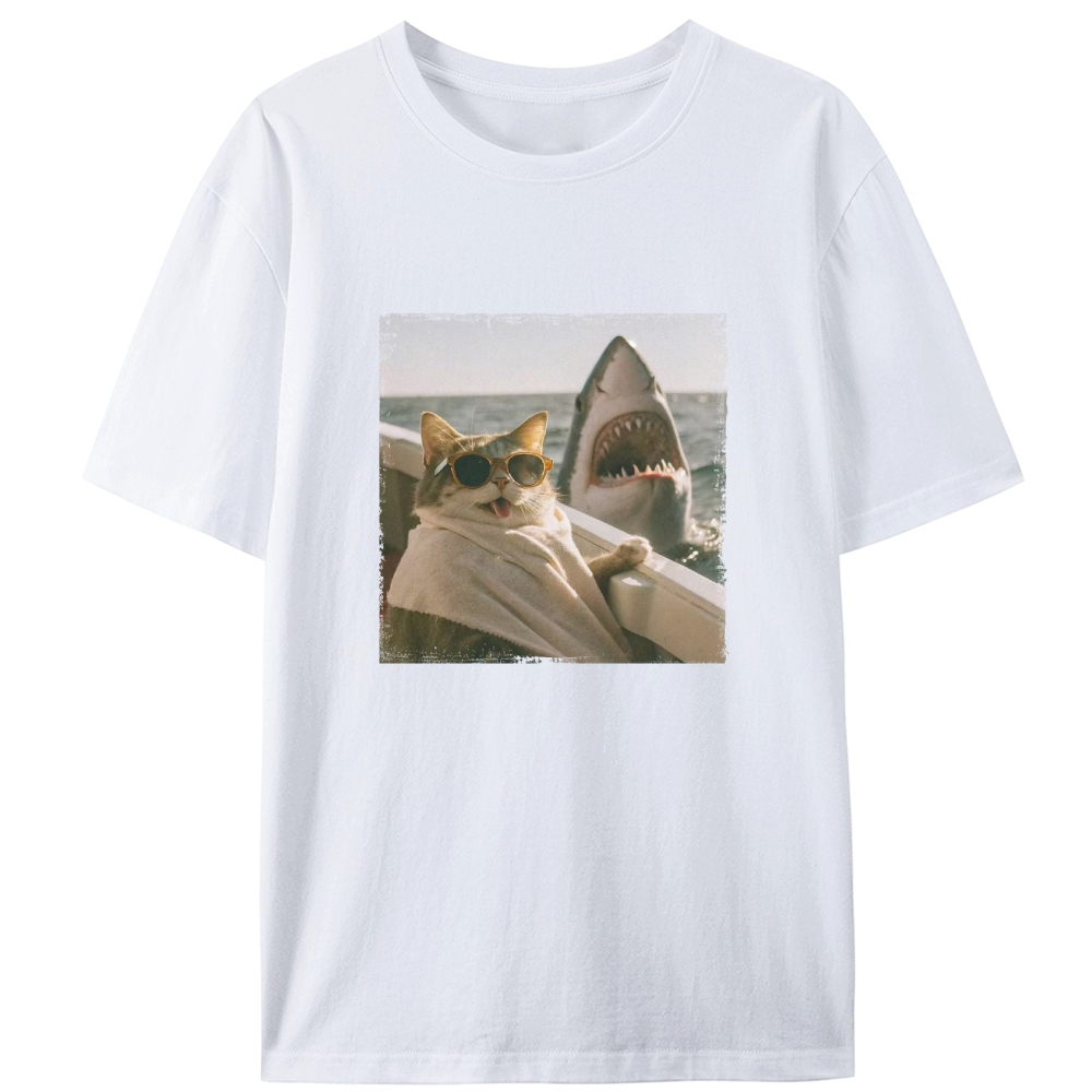 Cat with Great White Shark Meme Retro Designed for Women - Slim Fit Cotton Tee