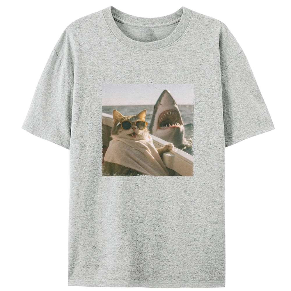 Cat with Great White Shark Meme Retro Designed for Women - Slim Fit Cotton Tee