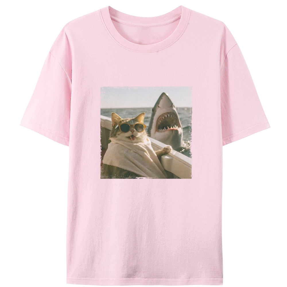 Cat with Great White Shark Meme Retro Designed for Women - Slim Fit Cotton Tee